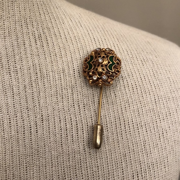 Vintage FLORENZA Stick Pin brooch Green Enamel & Rhinestones - Picture 11 of 16